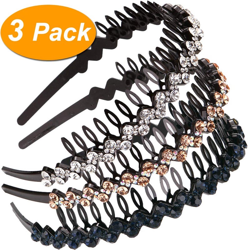 LONEEDY Wave Rhinestone and Crystal Teeth Comb Headbands For Women, Non-slip Hard Headbands (Silver+Gold+Dark blue) - Image 2